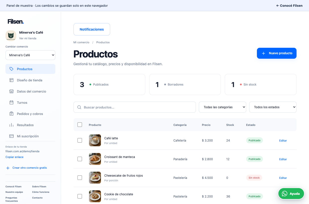 Panel de muestra de Filsen con catálogo, precios, stock y controles para editar productos