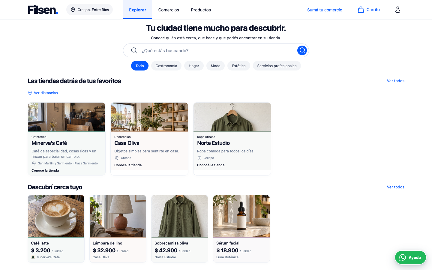 Marketplace de Filsen: búsqueda por rubro, tiendas cercanas y productos con fotos y precios