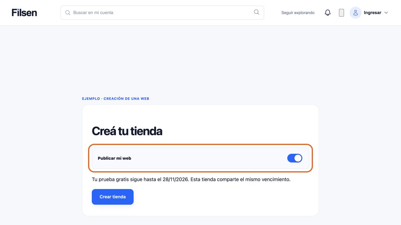 Opción Publicar mi web seleccionada y señalada antes de crear una tienda de ejemplo.